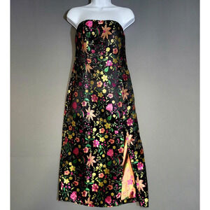 Lulus Dress Womens M Black Embroidered Floral Brocade Strapless Midi Formal New